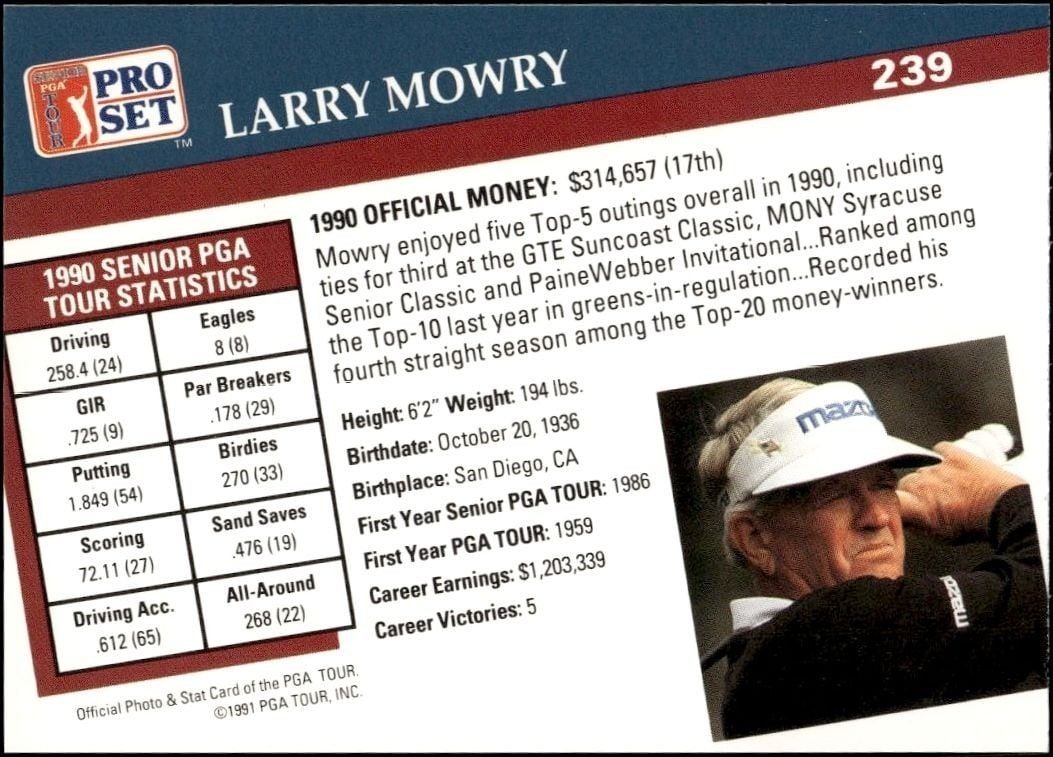 1991 Pro Set Pga Tour Larry Mowry #239 golf trading card back