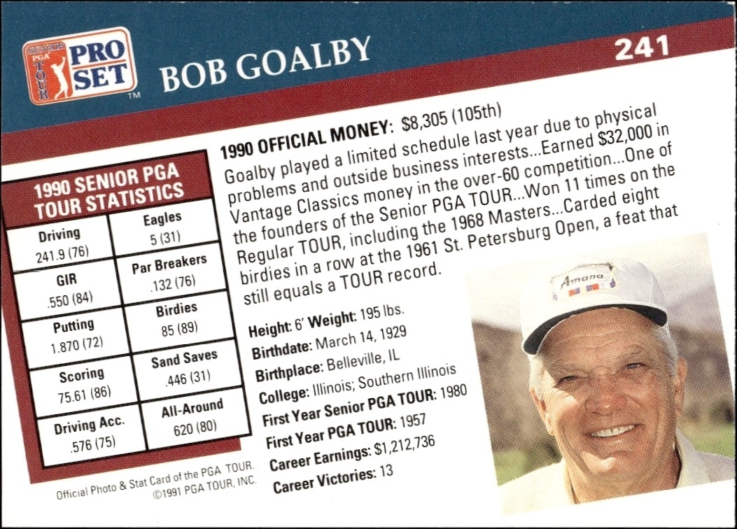 1991 Pro Set Pga Tour Bob Goalby #241 golf trading card back