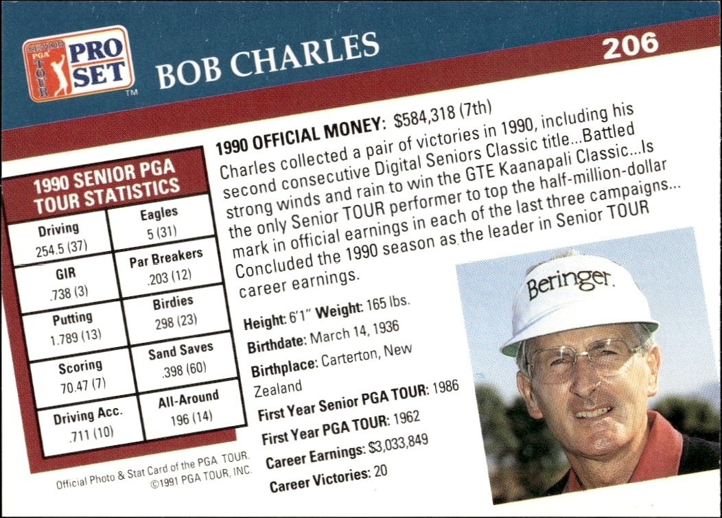 1991 Pro Set Pga Tour Bob Charles #206 golf trading card back