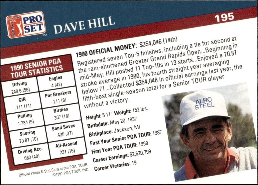1991 Pro Set Pga Tour Dave Hill #195 golf trading card back