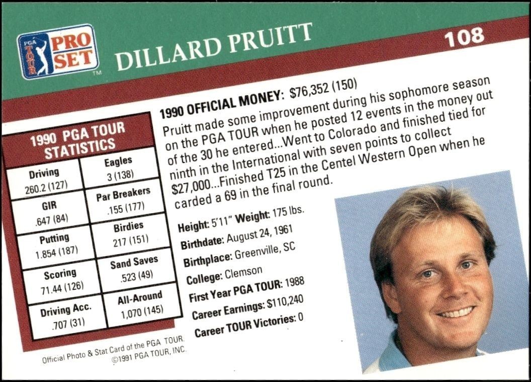 1991 Pro Set Pga Tour Dillard Pruitt #108 golf trading card back