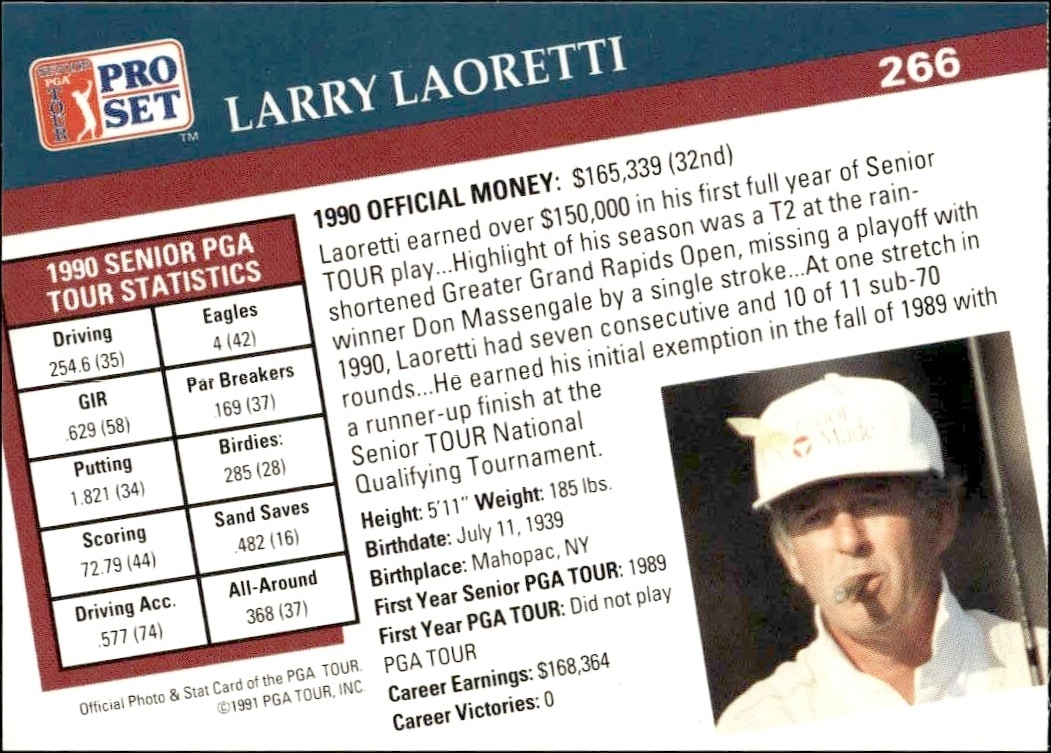 1991 Pro Set Pga Tour Larry Laoretti #266 golf trading card back
