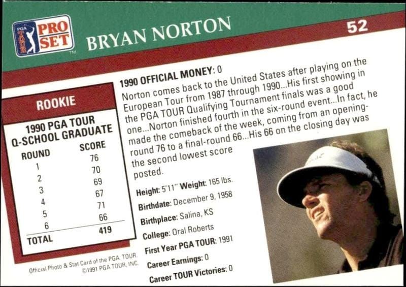 1991 Pro Set Pga Tour Bryan Norton #52 golf trading card back