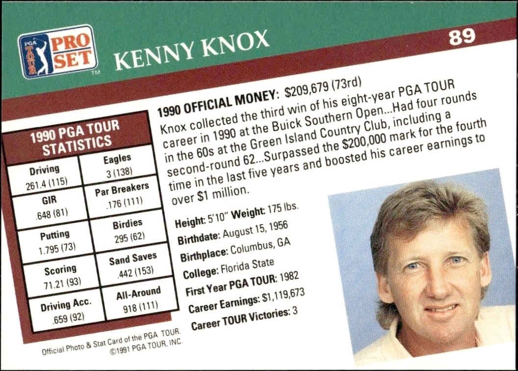 1991 Pro Set Pga Tour Kenny Knox #89 golf trading card back