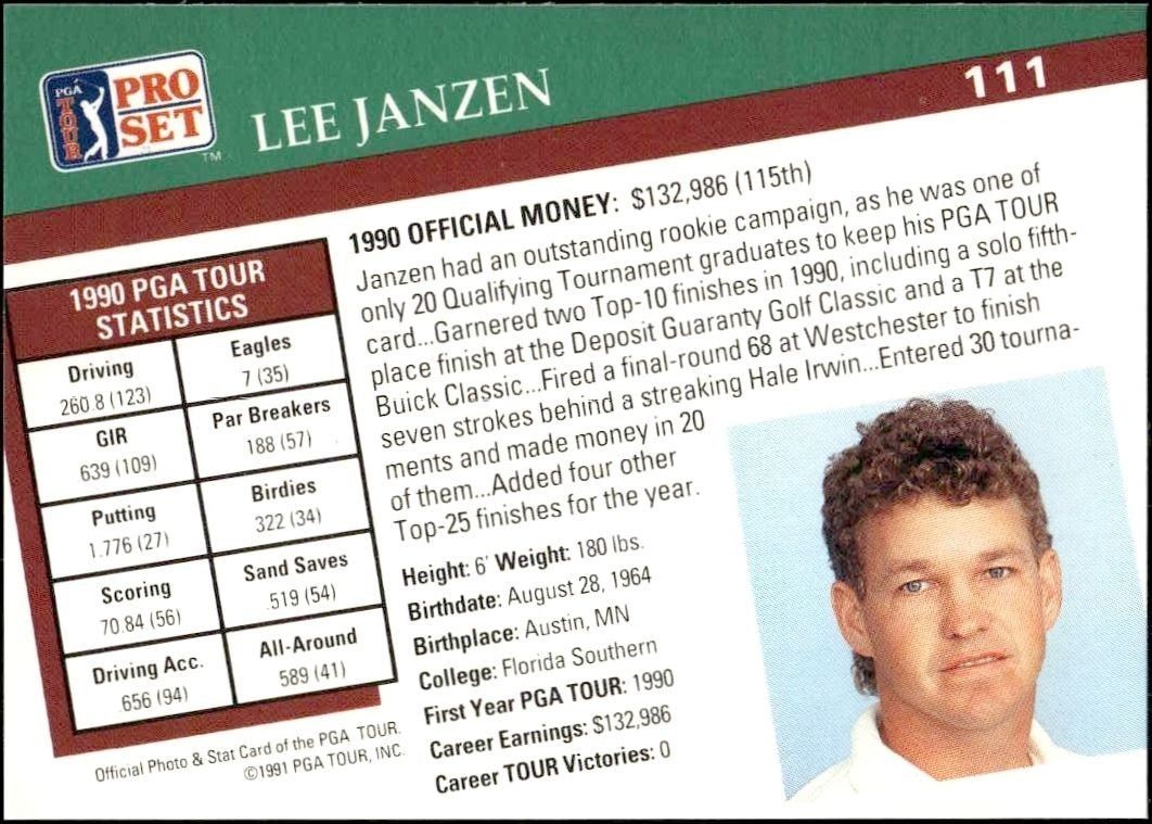 1991 Pro Set Pga Tour Lee Janzen #111 golf trading card back