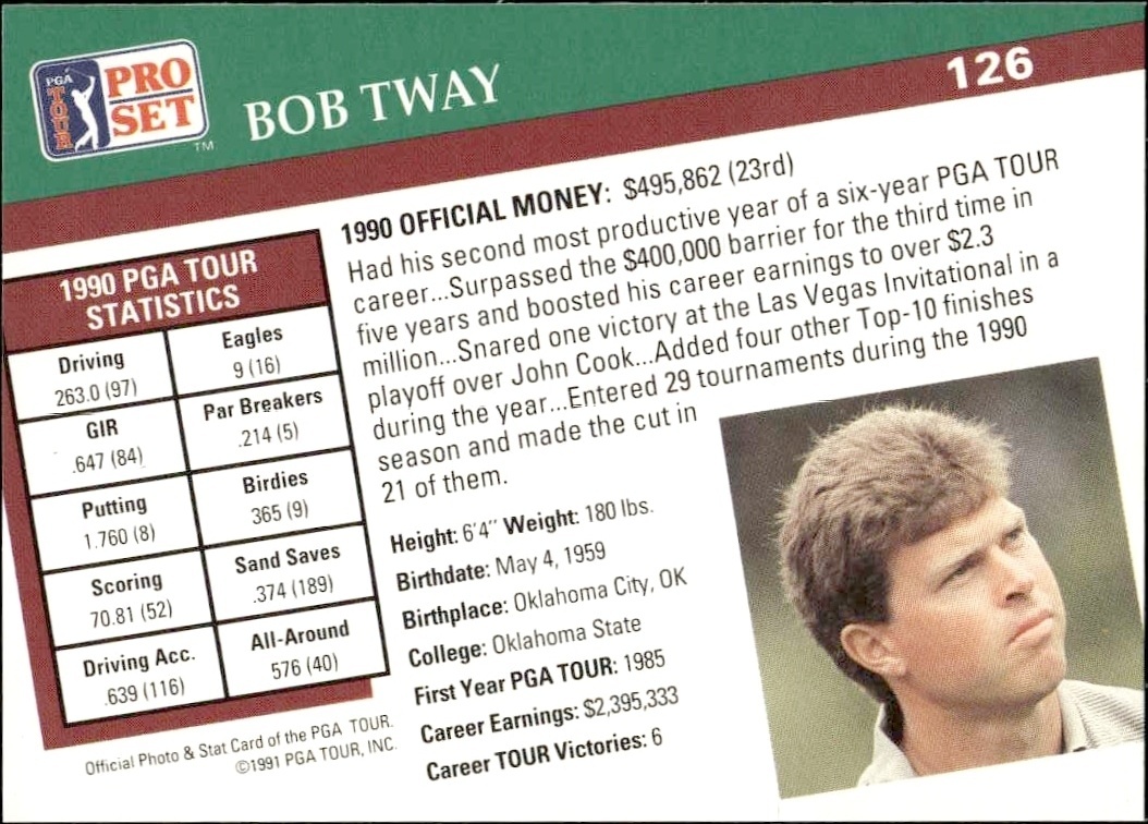 1991 Pro Set Pga Tour Bob Tway #126 golf trading card back