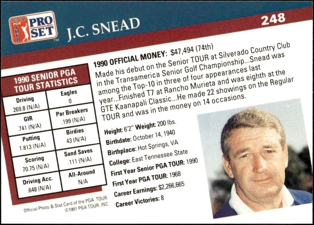 1991 Pro Set Pga Tour J.C. Snead #248 golf trading card back