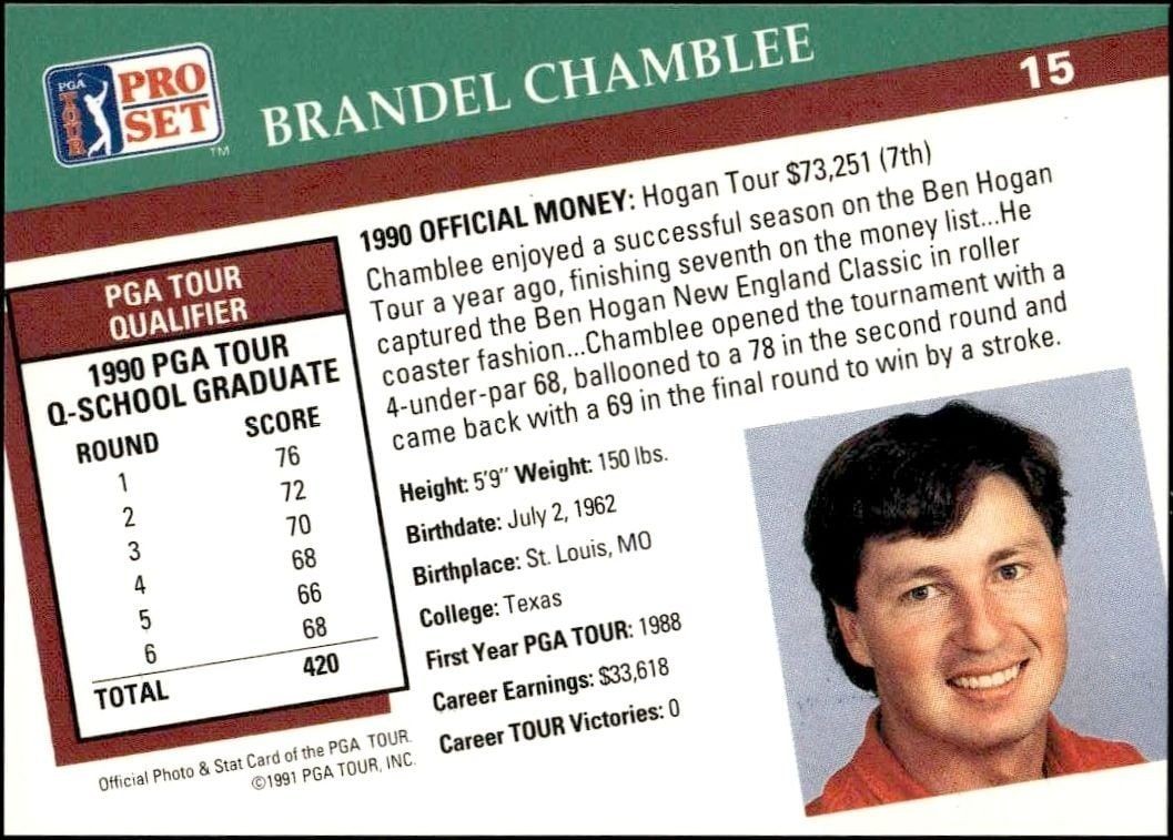 1991 Pro Set Pga Tour Brandel Chamblee #15 golf trading card back