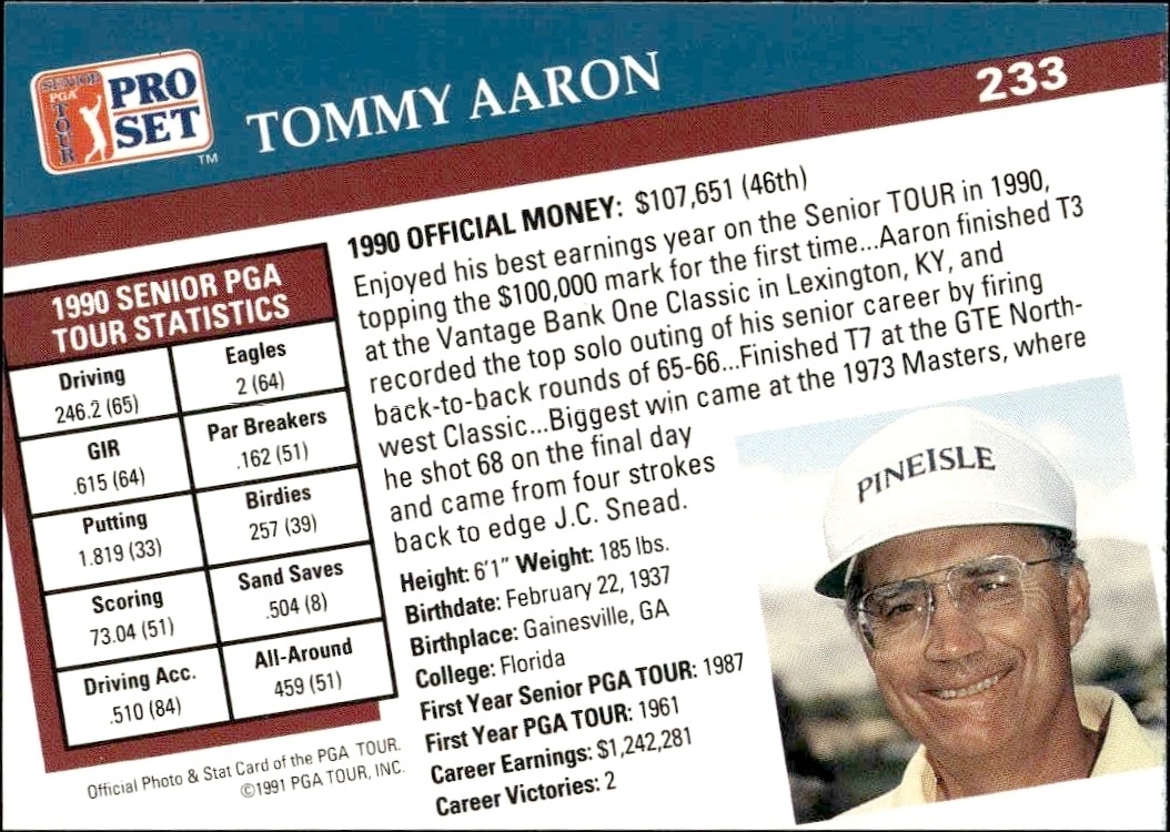 1991 Pro Set Pga Tour Tommy Aaron #233 golf trading card back