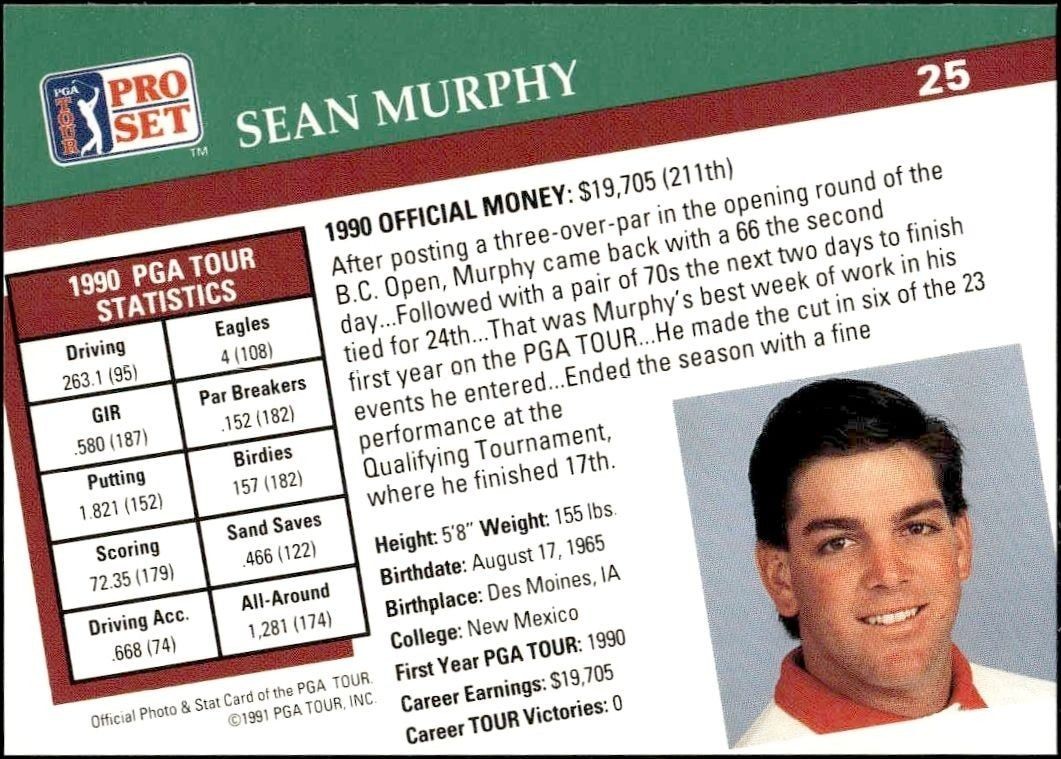 1991 Pro Set Pga Tour Sean Murphy #25 golf trading card back