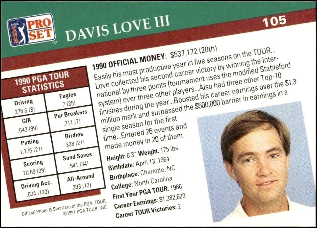 1991 Pro Set Pga Tour Davis Love III #105 golf trading card back