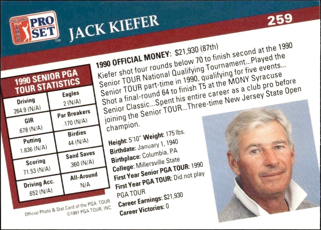 1991 Pro Set Pga Tour Jack Kiefer #259 golf trading card back