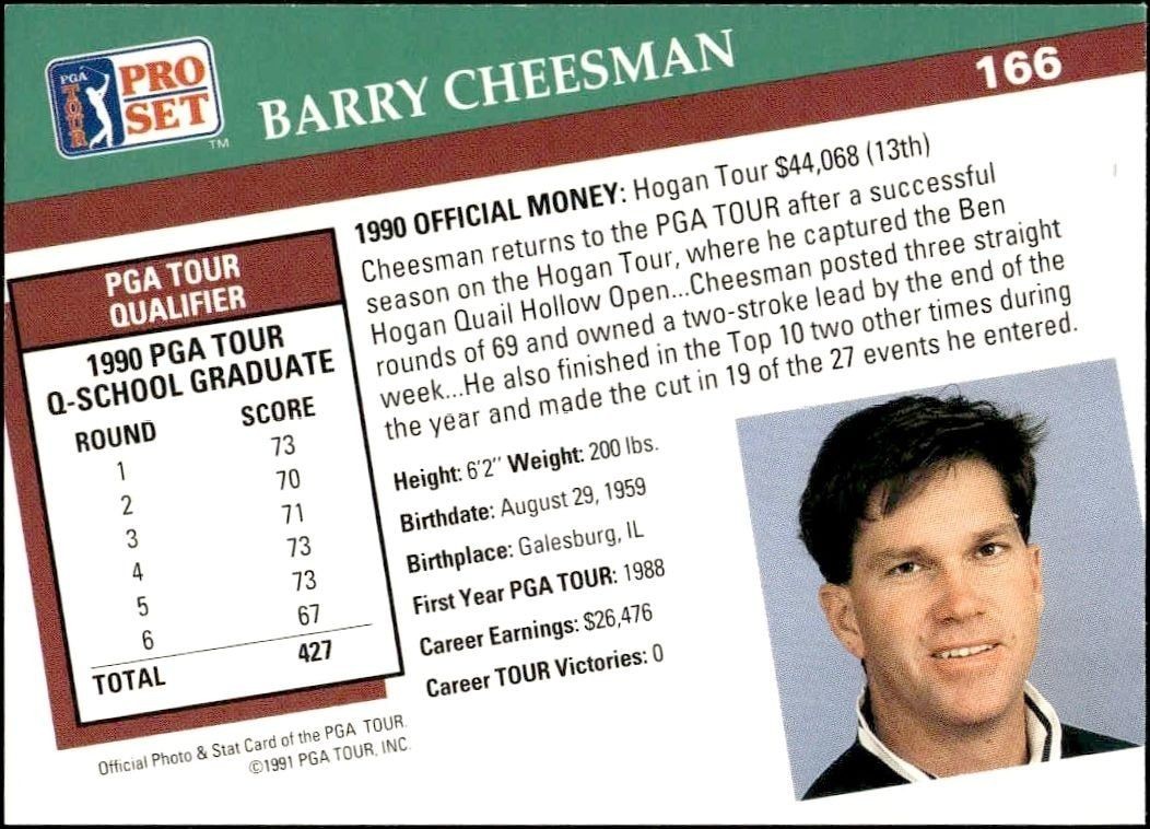 1991 Pro Set Pga Tour Barry Cheesman #166 golf trading card back