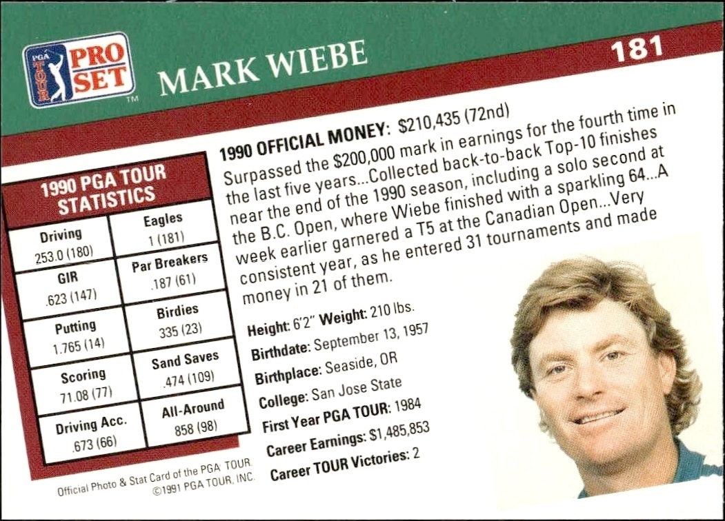 1991 Pro Set Pga Tour Mark Wiebe #181 golf trading card back