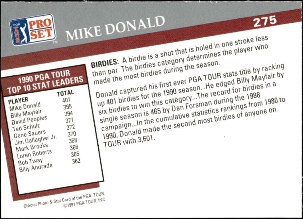 1991 Pro Set Pga Tour Mike Donald #275 golf trading card back