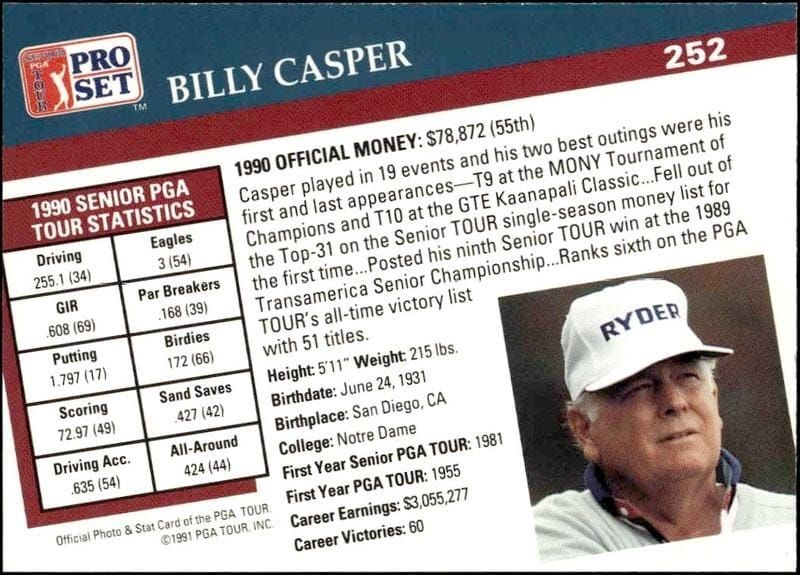 1991 Pro Set Pga Tour Billy Casper #252 golf trading card back