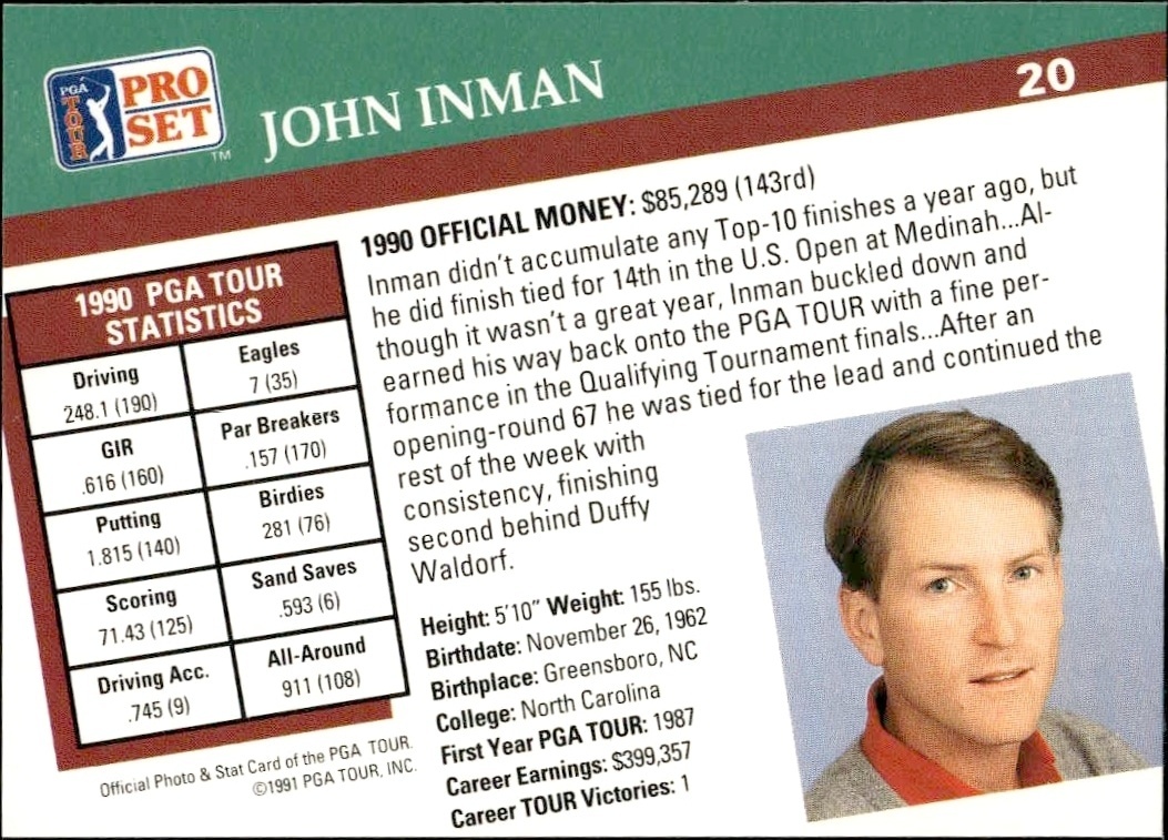 1991 Pro Set Pga Tour John Inman #20 golf trading card back