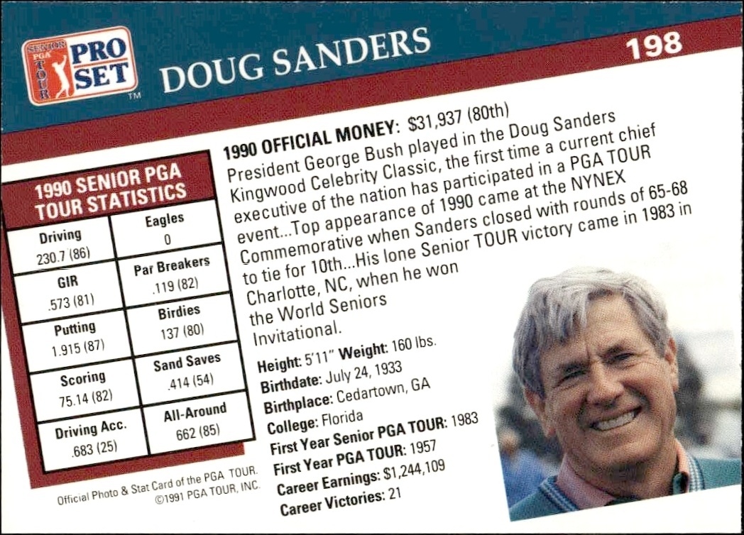 1991 Pro Set Pga Tour Doug Sanders #198 golf trading card back
