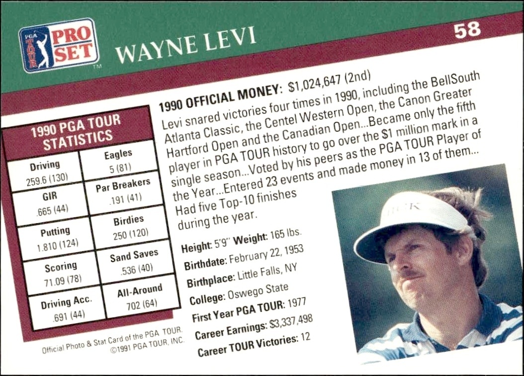 1991 Pro Set Pga Tour Wayne Levi #58 golf trading card back