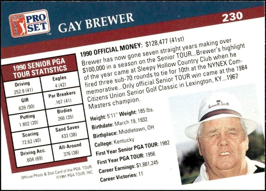 1991 Pro Set Pga Tour Gay Brewer #230 golf trading card back