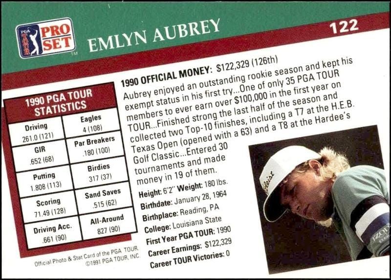 1991 Pro Set Pga Tour Emlyn Aubrey #122 golf trading card back