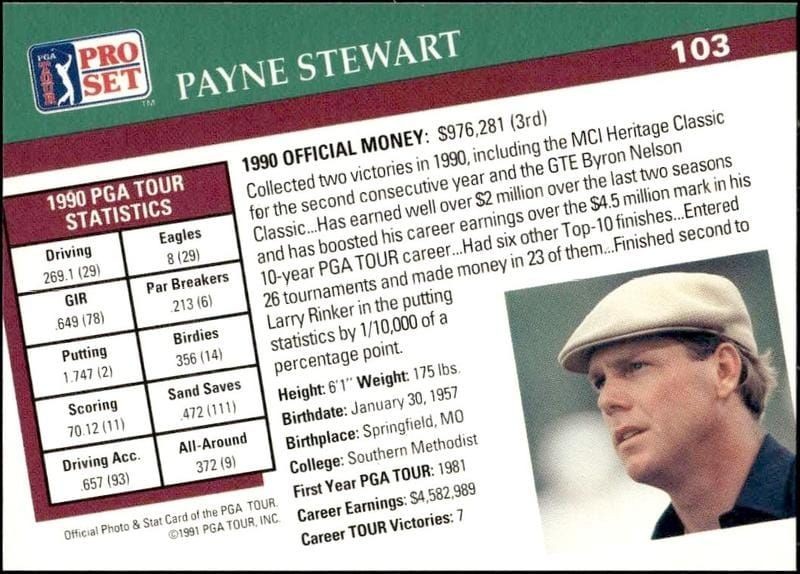 1991 Pro Set Pga Tour Payne Stewart #103 golf trading card back
