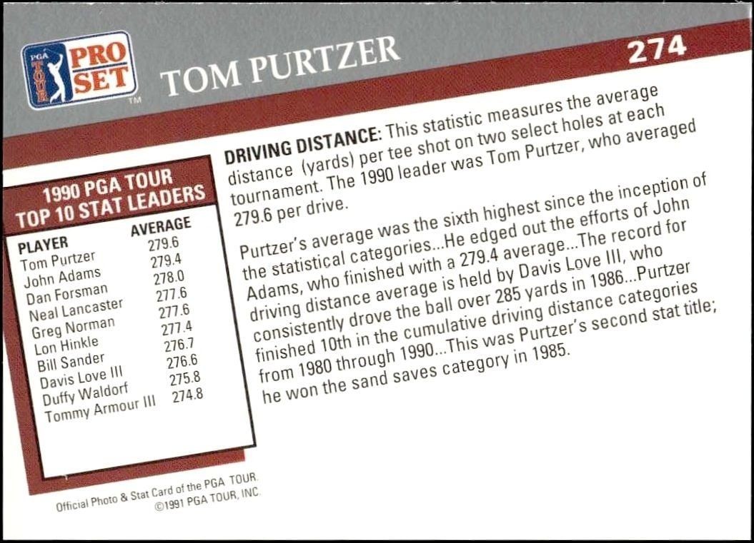 1991 Pro Set Pga Tour Tom Purtzer #274 golf trading card back