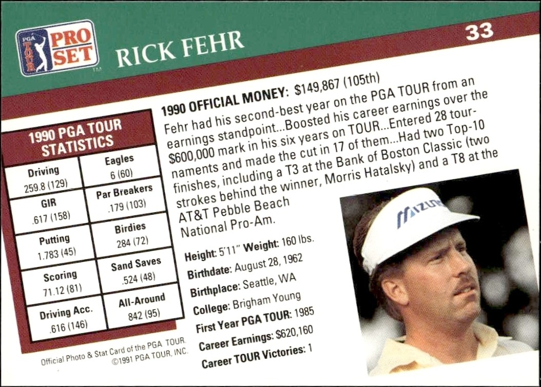 1991 Pro Set Pga Tour Rick Fehr #33 golf trading card back