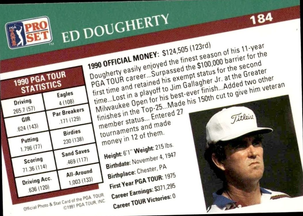 1991 Pro Set Pga Tour ED Dougherty #184 golf trading card back