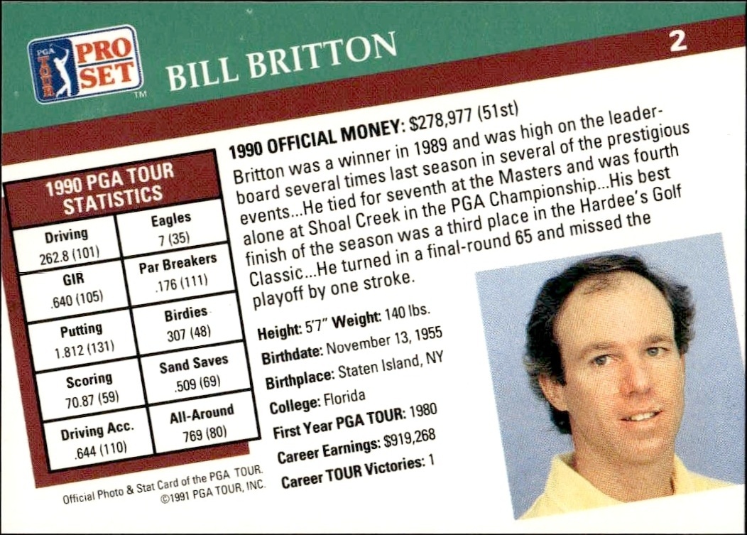 1991 Pro Set Pga Tour Bill Britton #2 golf trading card back