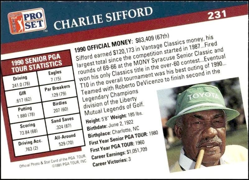 1991 Pro Set Pga Tour Charlie Sifford #231 golf trading card back