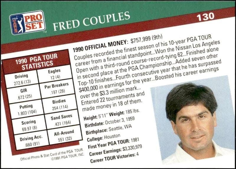 1991 Pro Set Pga Tour Fred Couples #130 golf trading card back