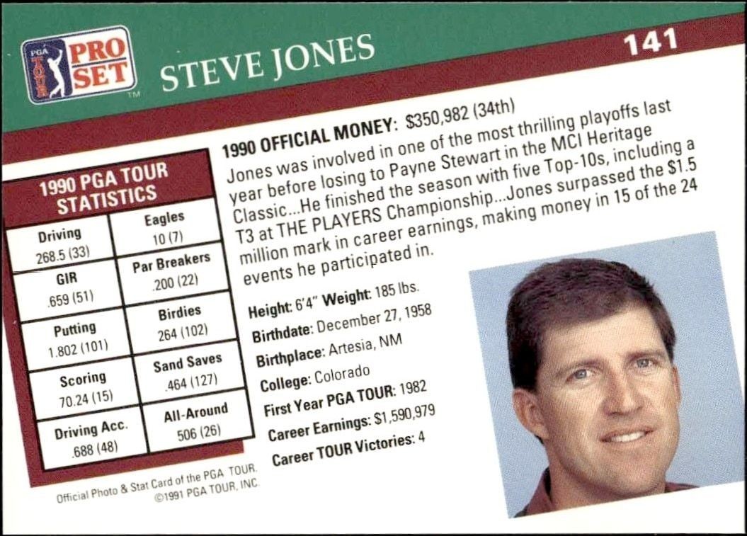1991 Pro Set Pga Tour Steve Jones #141 golf trading card back