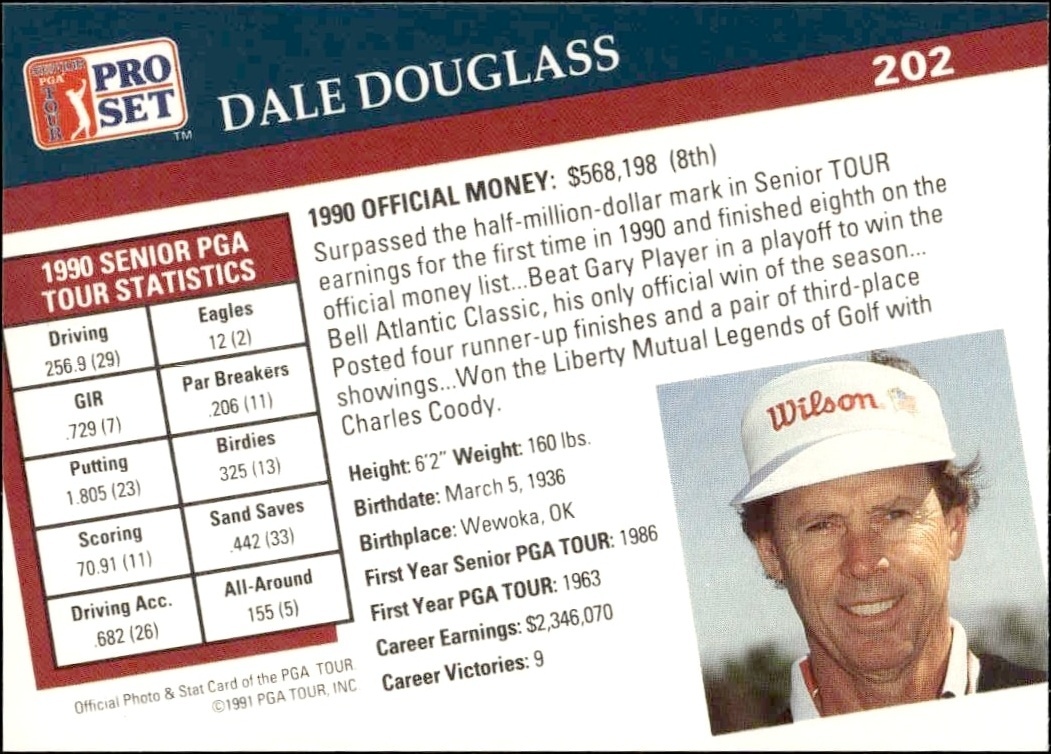 1991 Pro Set Pga Tour Dale Douglass #202 golf trading card back