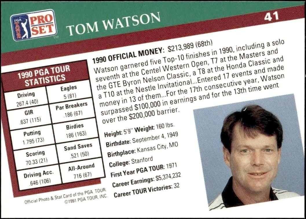 1991 Pro Set Pga Tour Tom Watson #41 golf trading card back