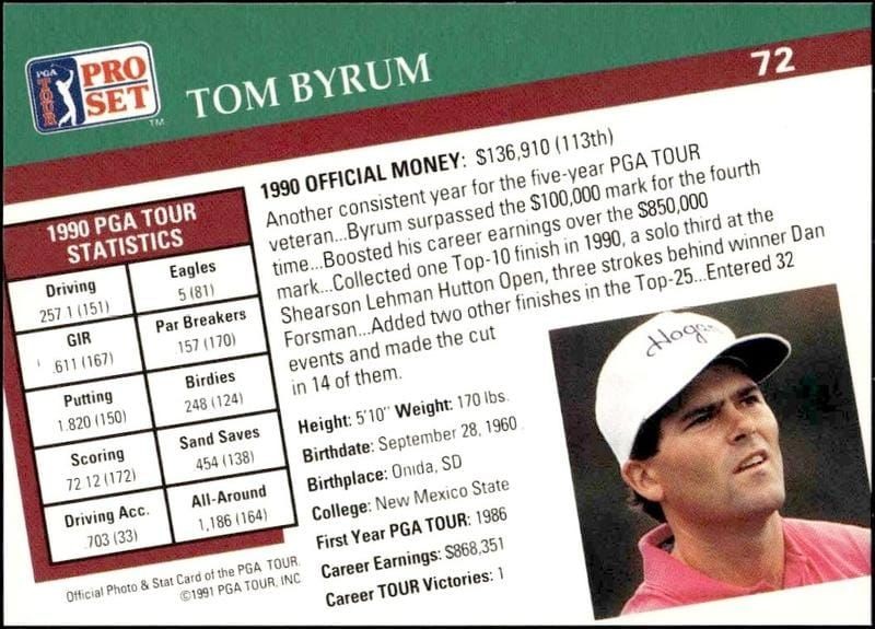 1991 Pro Set Pga Tour Tom Byrum #72 golf trading card back