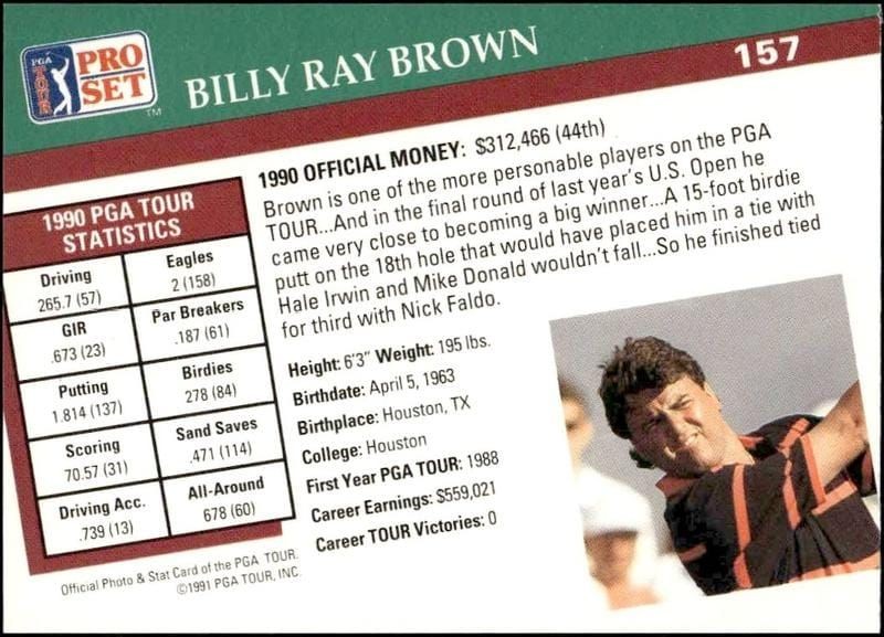 1991 Pro Set Pga Tour Billy Ray Brown #157 golf trading card back