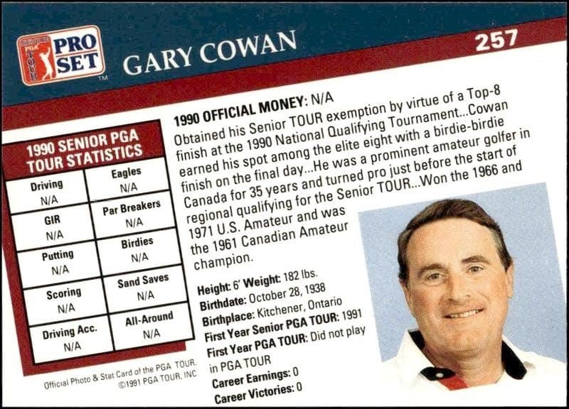 1991 Pro Set Pga Tour Gary Cowan #257 golf trading card back