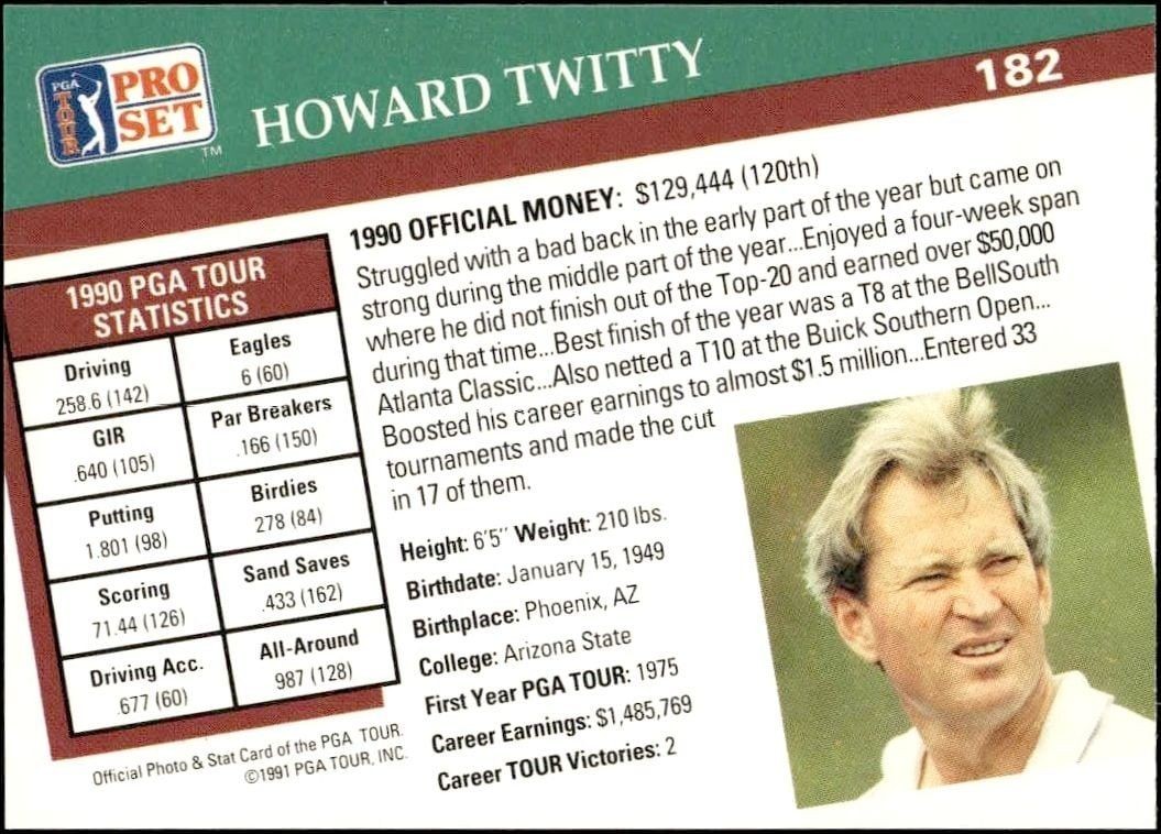 1991 Pro Set Pga Tour Howard Twitty #182 golf trading card back