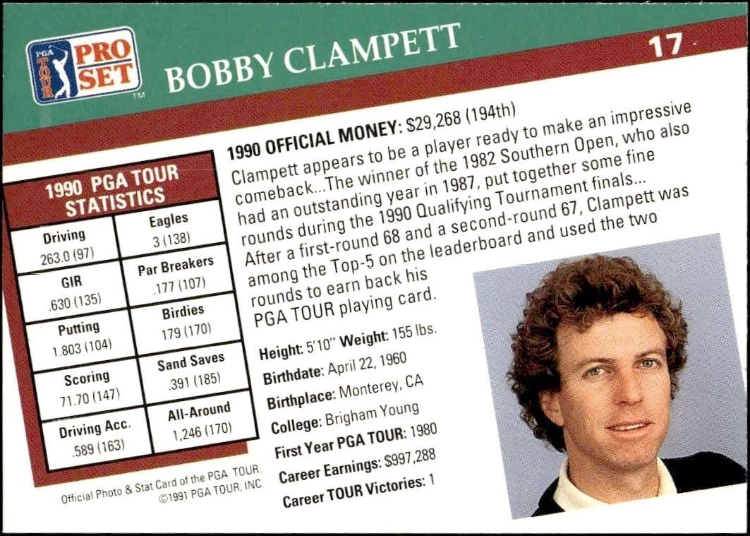 1991 Pro Set Pga Tour Bobby Clampett #17 golf trading card back