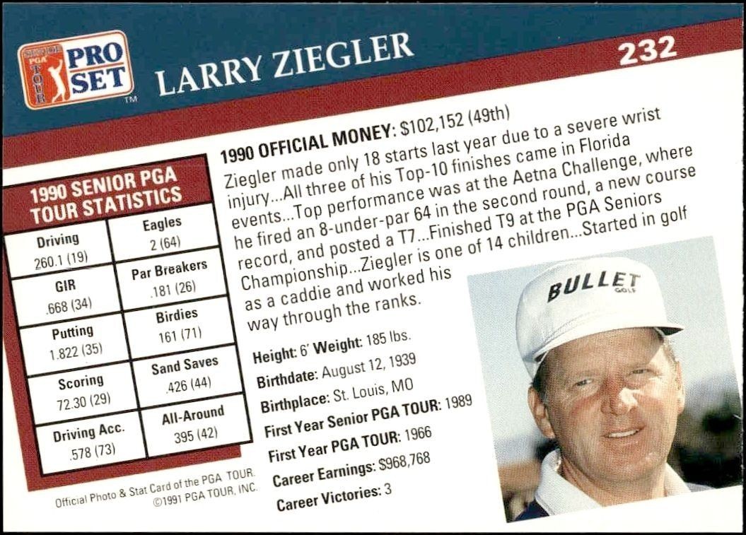 1991 Pro Set Pga Tour Larry Ziegler #232 golf trading card back