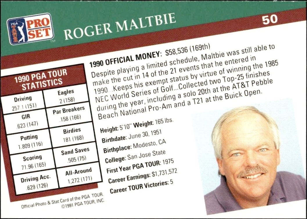 1991 Pro Set Pga Tour Roger Maltbie #50 golf trading card back