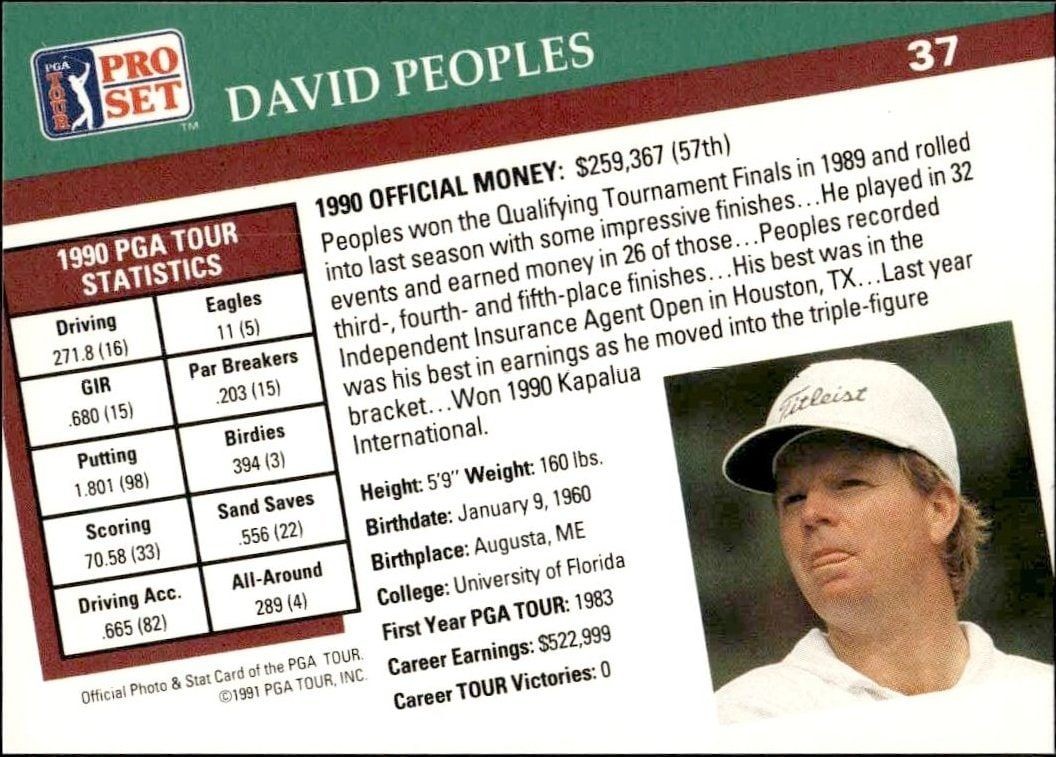 1991 Pro Set Pga Tour David Peoples #37 golf trading card back