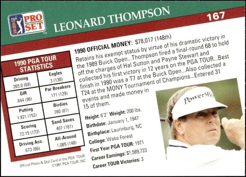 1991 Pro Set Pga Tour Leonard Thompson #167 golf trading card back
