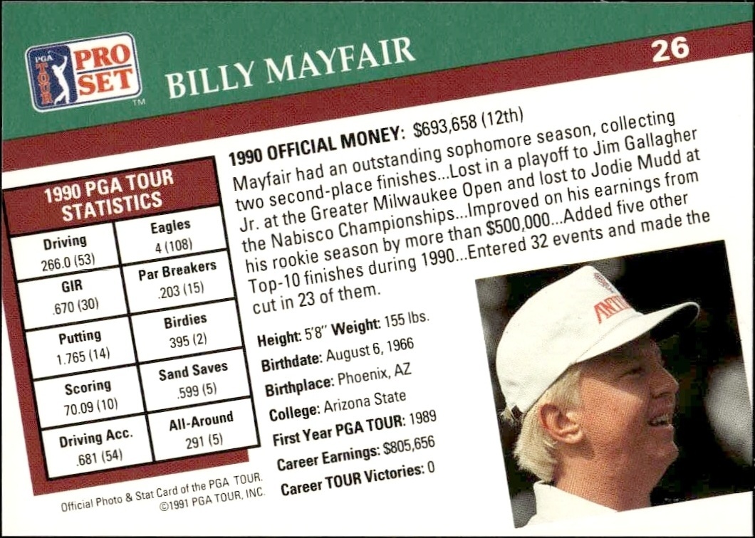 1991 Pro Set Pga Tour Billy Mayfair #26 golf trading card back