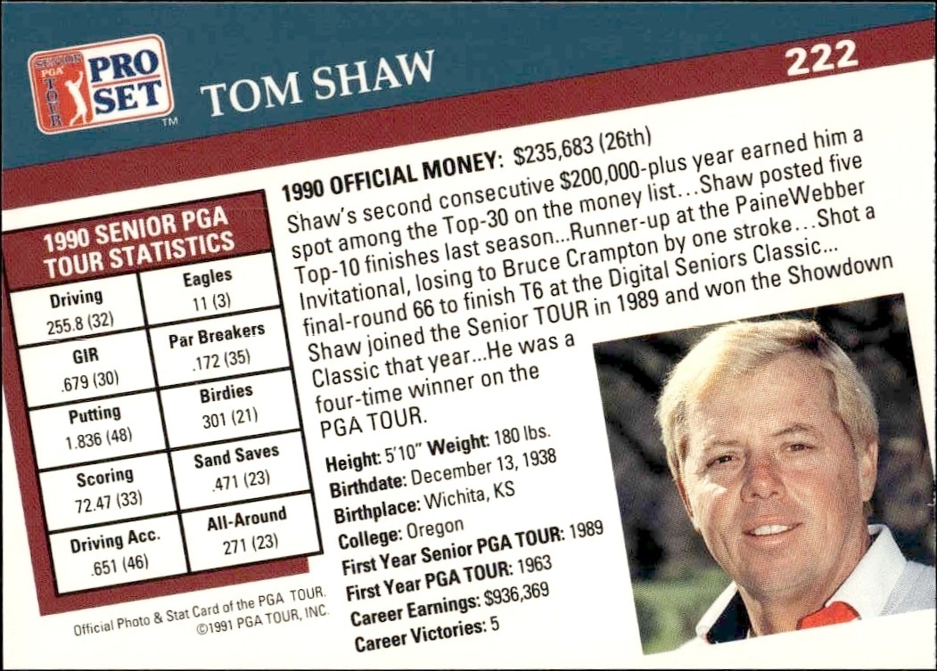 1991 Pro Set Pga Tour Tom Shaw #222 golf trading card back