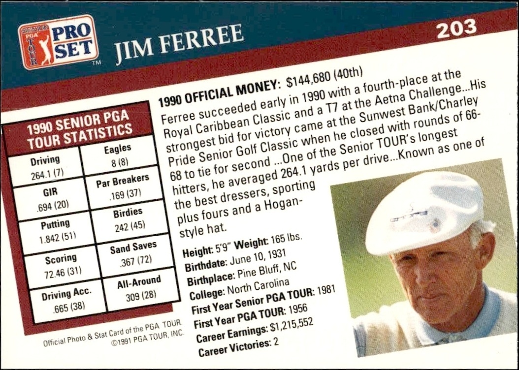 1991 Pro Set Pga Tour Jim Ferree #203 golf trading card back