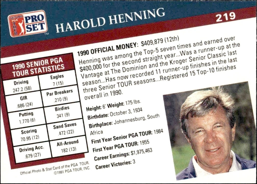 1991 Pro Set Pga Tour Harold Henning #219 golf trading card back