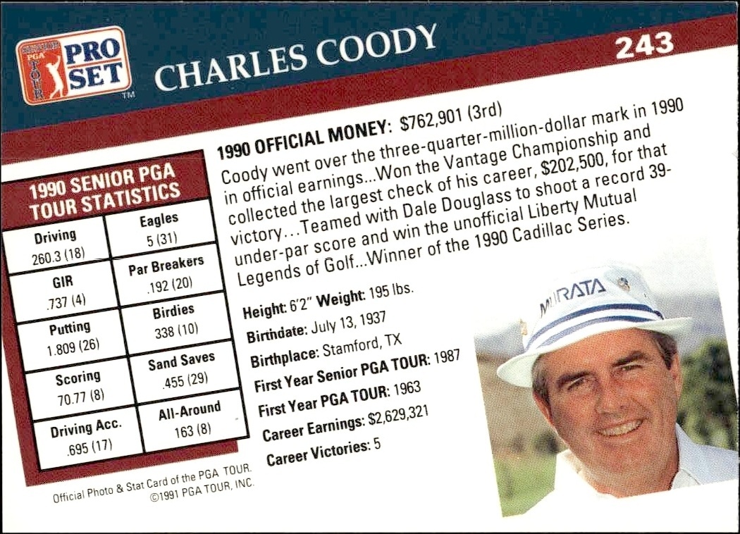 1991 Pro Set Pga Tour Charles Coody #243 golf trading card back