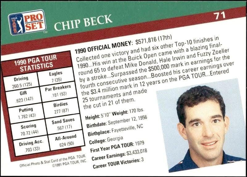 1991 Pro Set Pga Tour Chip Beck #71 golf trading card back